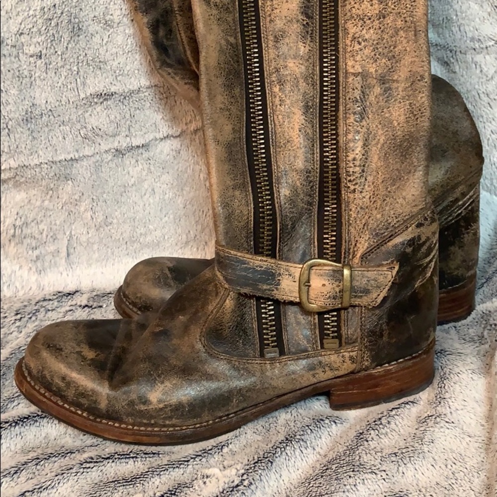 Double zipper distressed riding boots